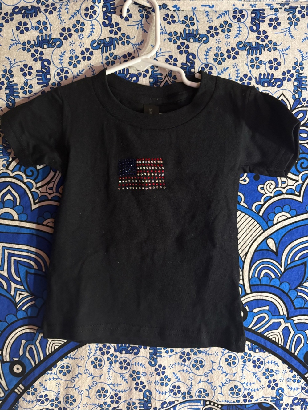 Gildan Black Kids Tee with Red, White & Blue Rhinestone Flag